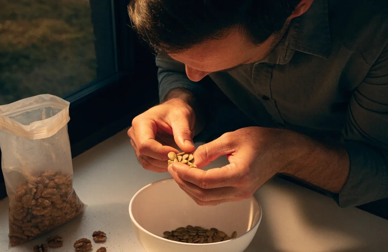 A man shelling pumpkin seeds into a plain bowl at a kitchen counter in the evening