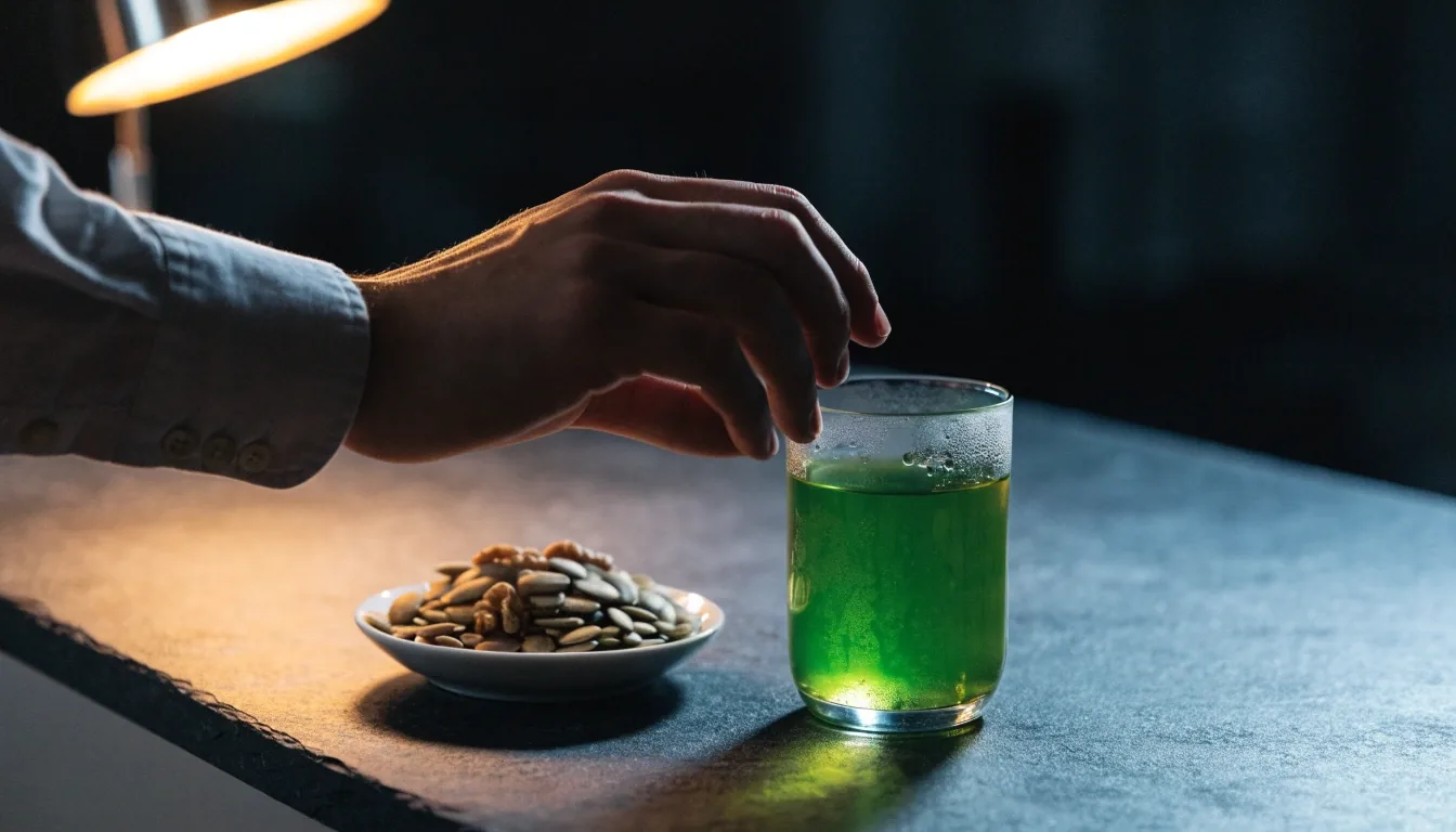 An empty night kitchen with a plain bowl of pumpkin seeds and walnuts waiting on a stainless steel counter under one overhead lamp