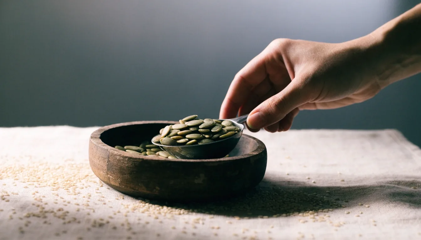 Whole pumpkin seeds and sesame seeds scattered across a dark wet slate board under one overhead lamp