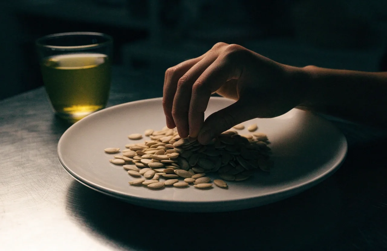 A hand shelling pumpkin seeds over a matte plate beside a glass of green tea