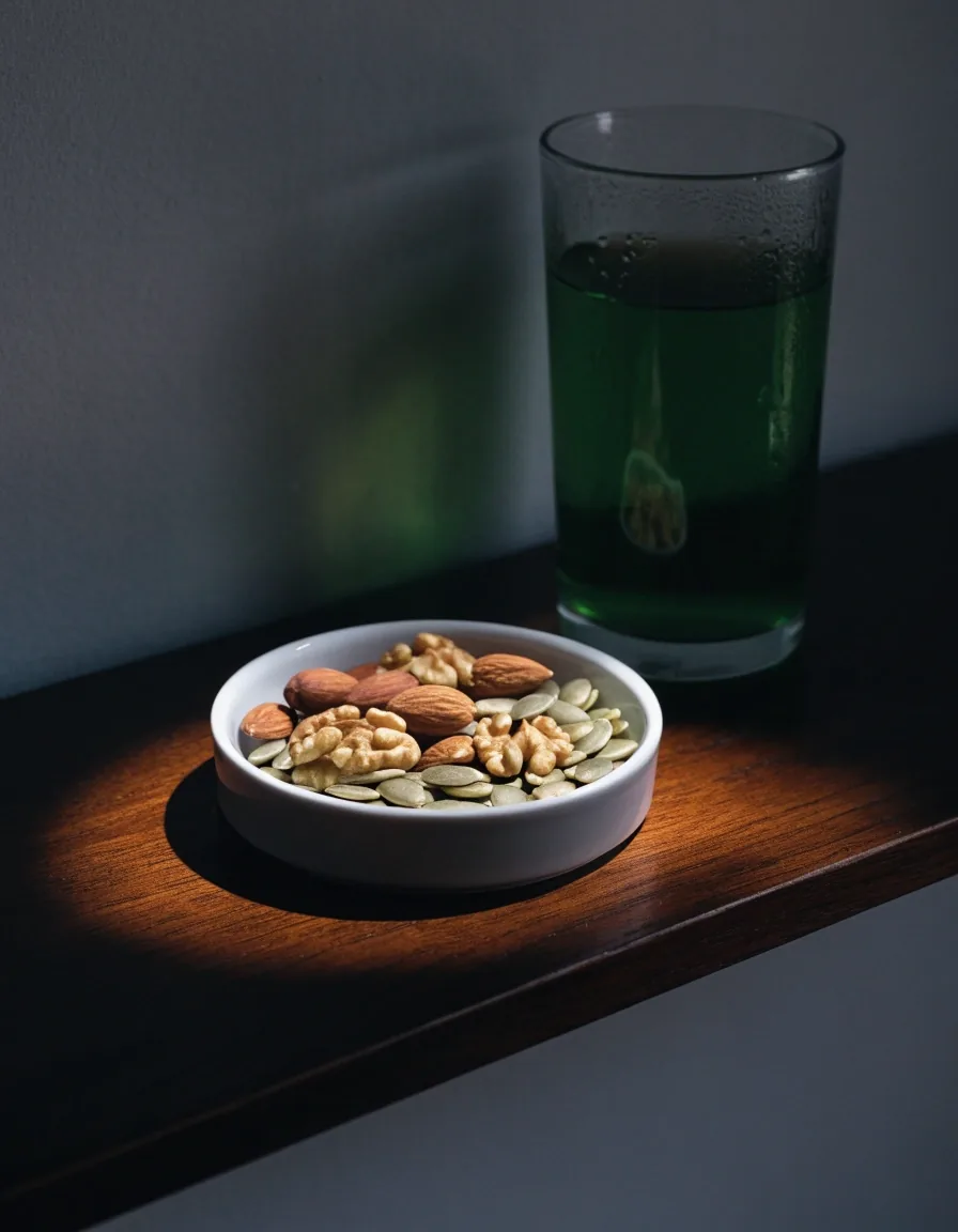 A plain white porcelain bowl of mixed seeds and walnut halves at the edge of a dark table, lit by one soft rim light