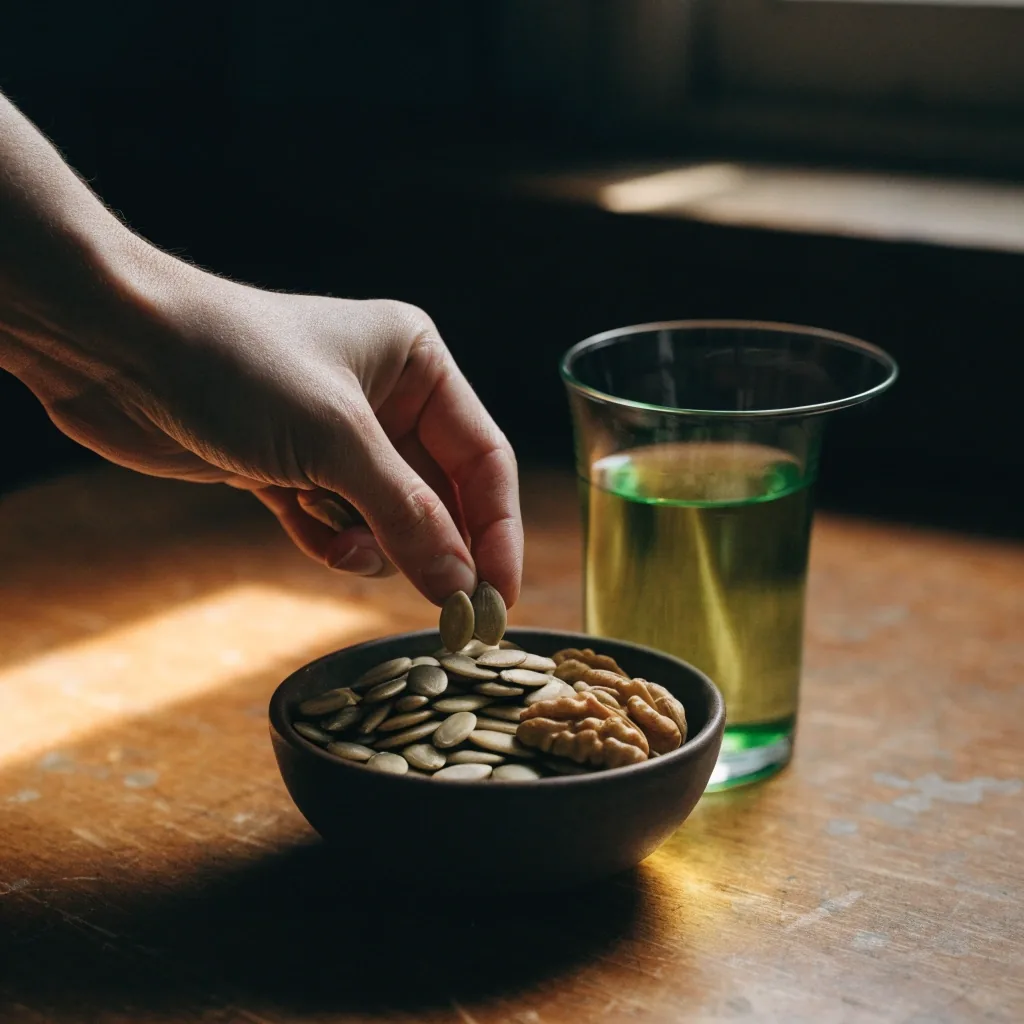 Loose green tea leaves in a clear glass vessel on dark slate with steam rising and a cool rim light on the glass