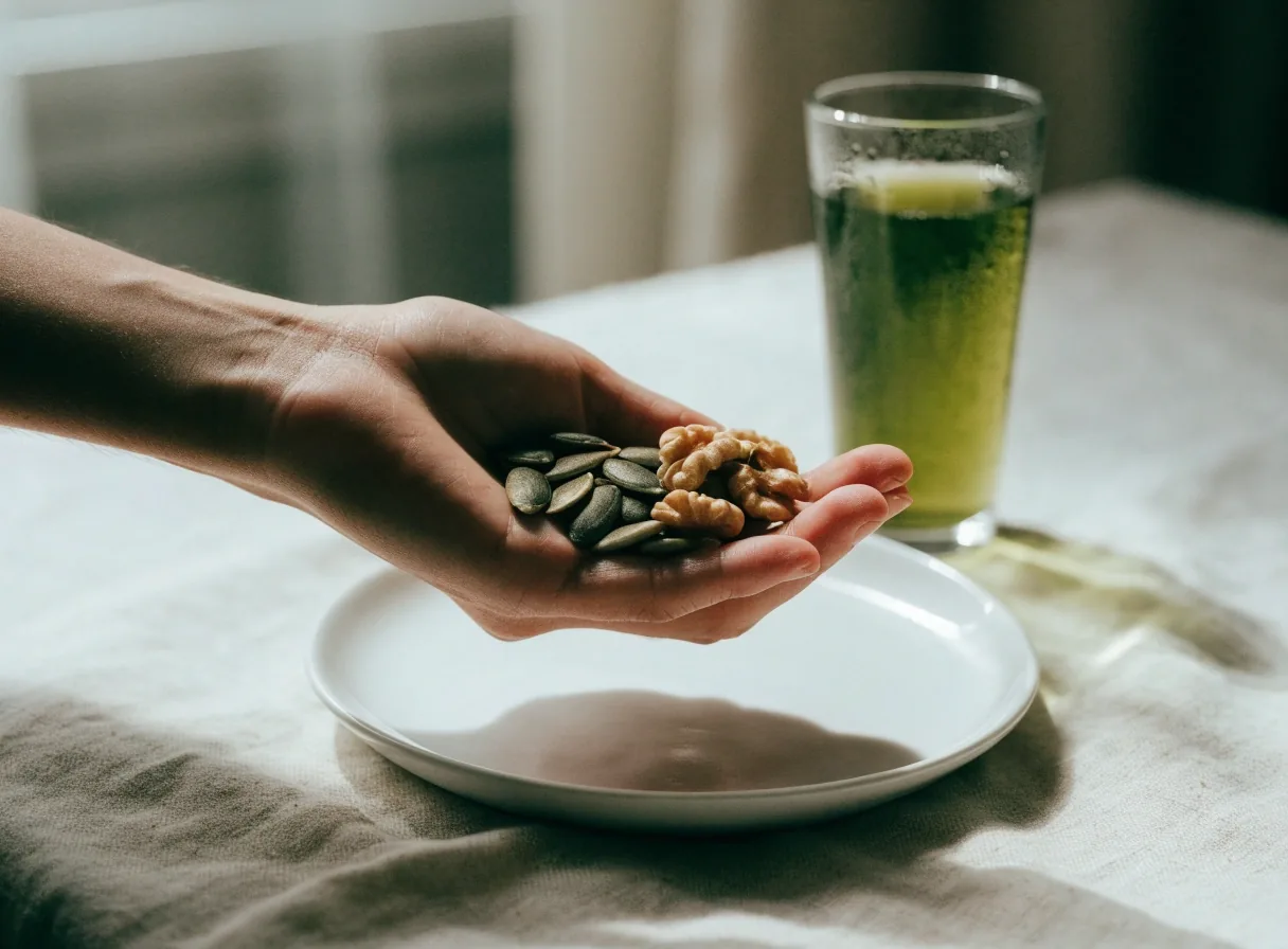 Whole pumpkin seeds, walnut halves and a glass of green tea arranged on a brushed steel tray under one overhead lamp