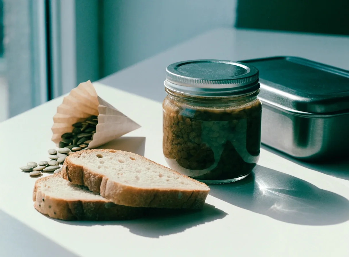 A lunchbox with lentil soup, wholemeal bread and a paper twist of pumpkin seeds
