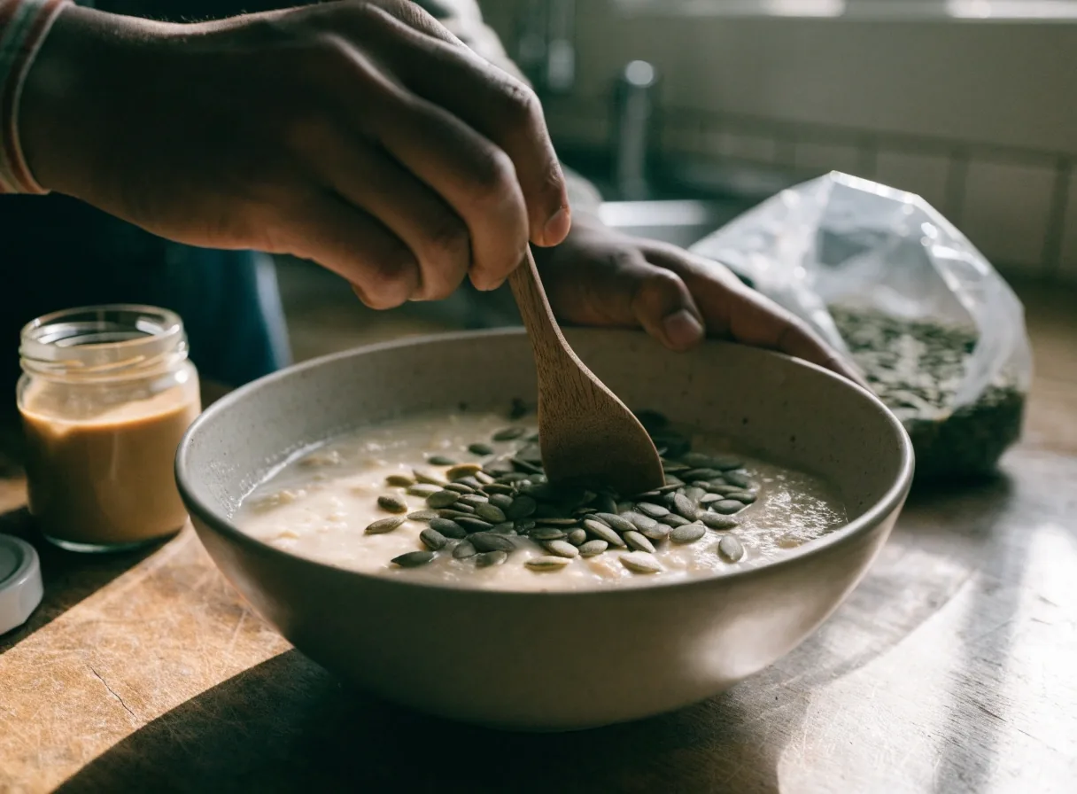 A bowl of porridge topped with pumpkin seeds with tahini alongside