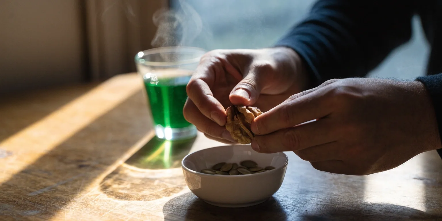 A hand shelling pumpkin seeds over a plate on a dark counter