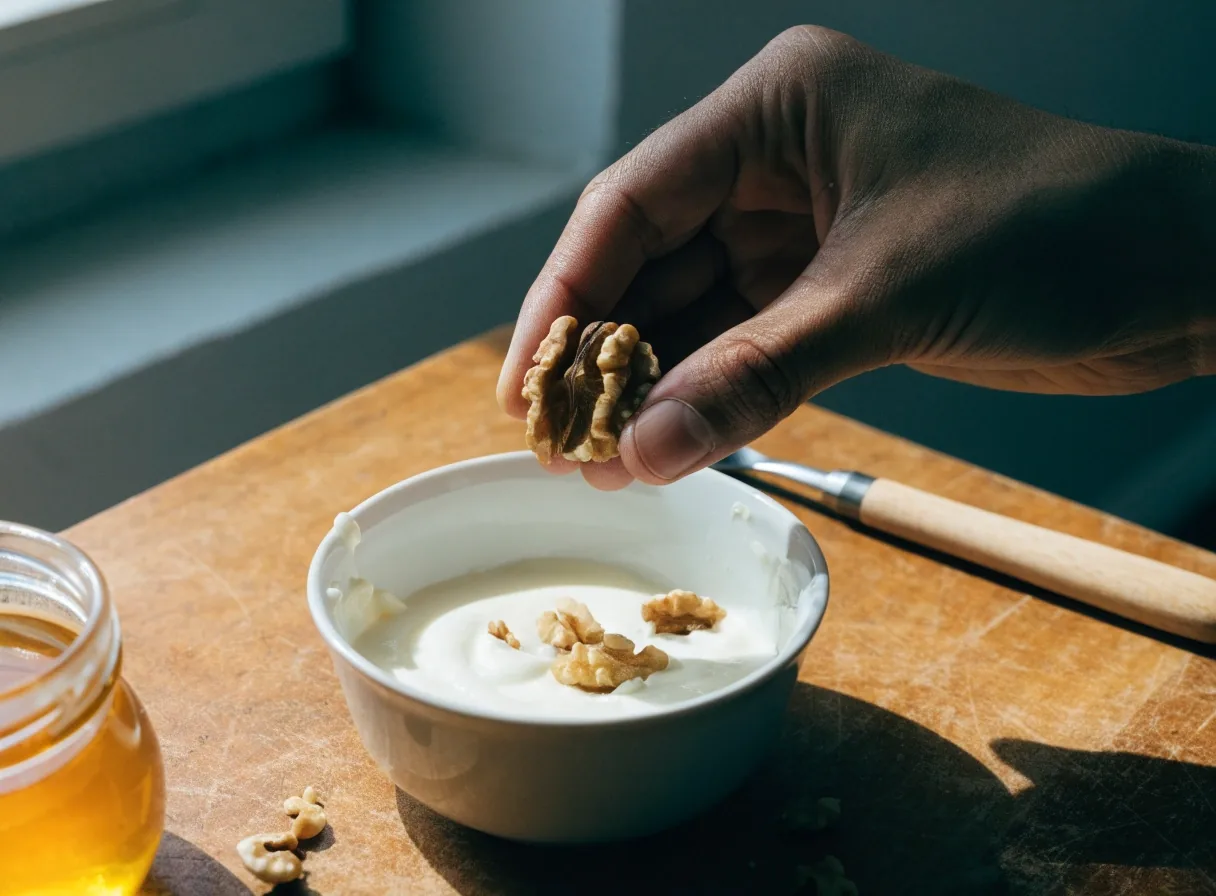 A bowl of yoghurt with walnut halves and honey on a steel counter