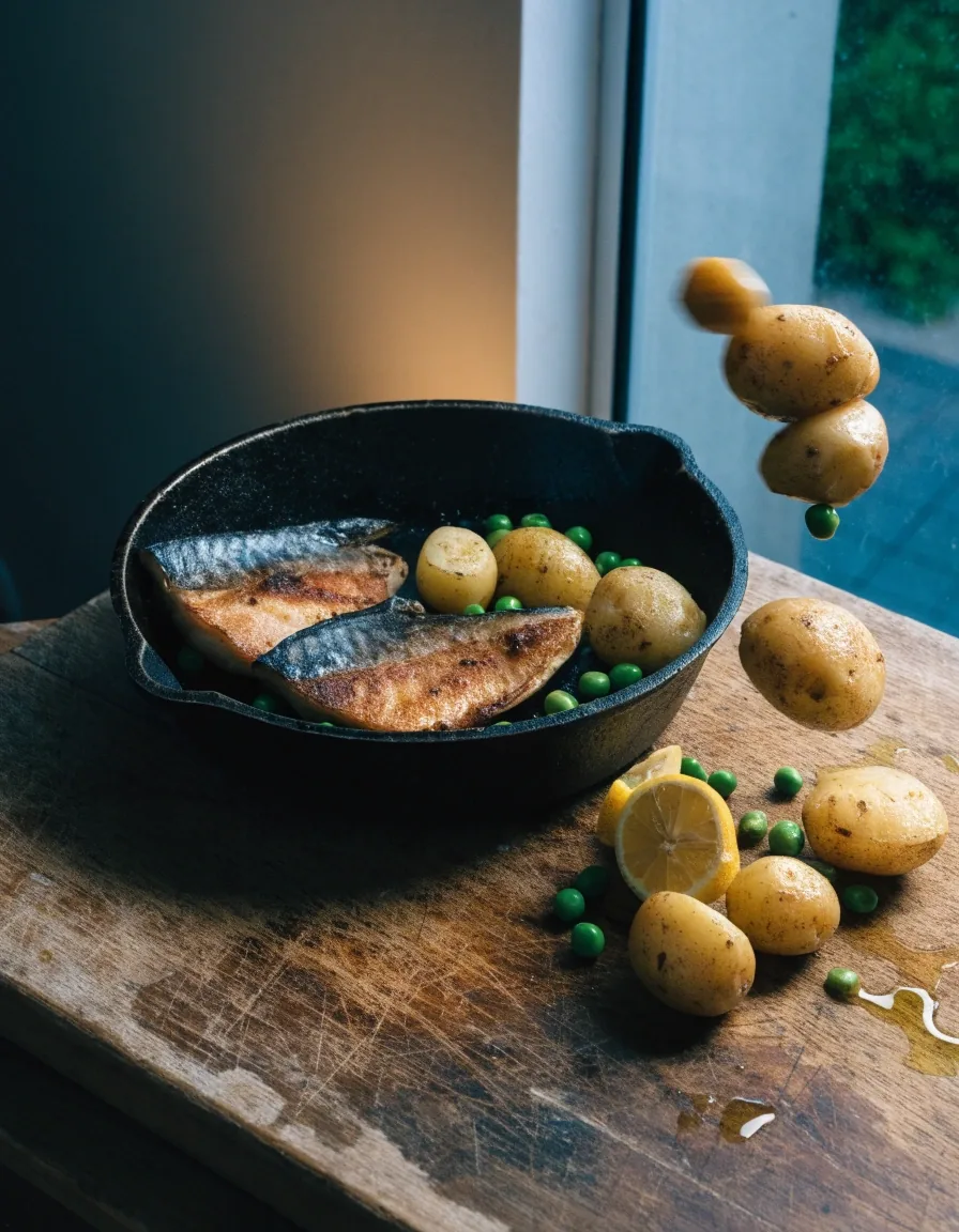 A mackerel fillet on baking parchment with half a lemon, side-lit on steel