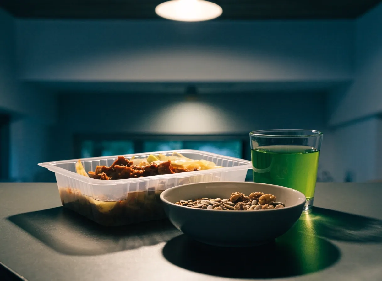 An open takeaway container with a bowl of seeds and walnuts and a glass of green tea beside it