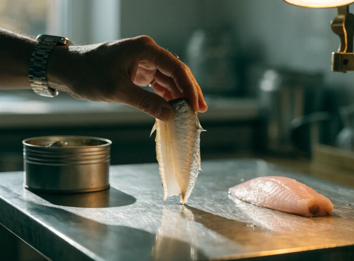An open tin of mackerel beside a fresh fish fillet on a steel tray