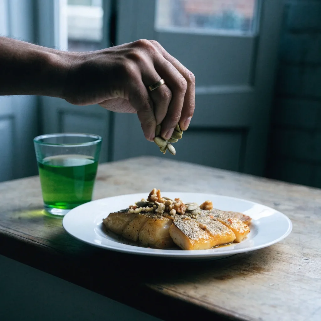 Pumpkin seeds, walnut halves and a glass of green tea on a steel tray under one overhead lamp