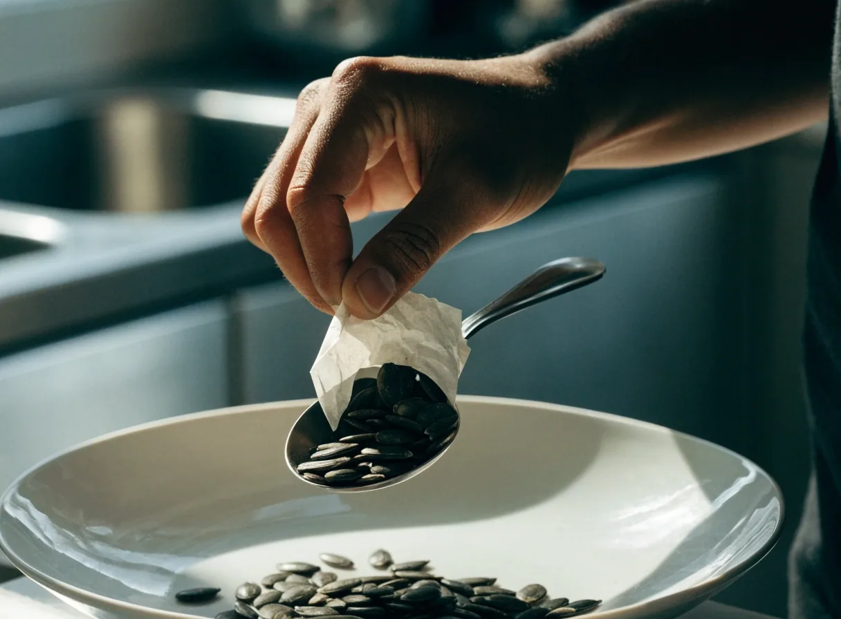 Pumpkin seeds filling a metal tablespoon on matte white porcelain