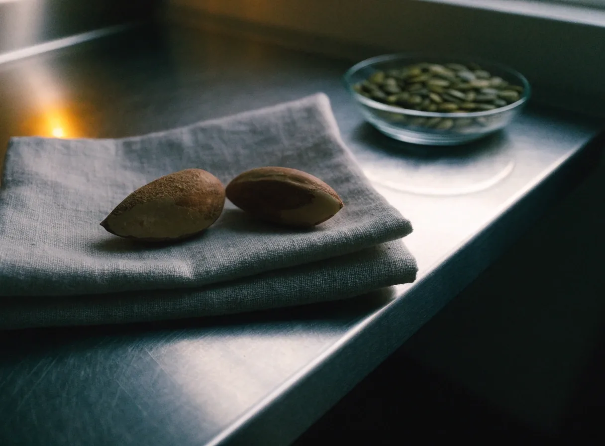 Two Brazil nuts beside a small bowl on a plain counter
