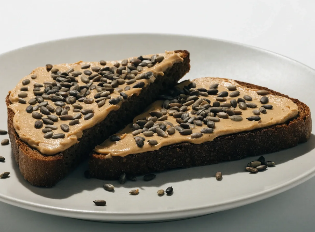 Wholemeal toast with peanut butter and scattered sunflower seeds on a plate