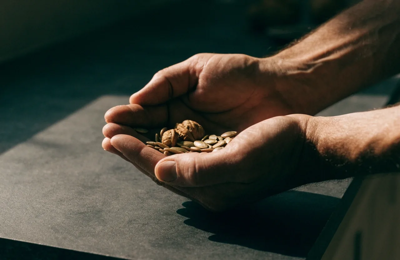 A white bowl of mixed seeds at the edge of a dark table at night