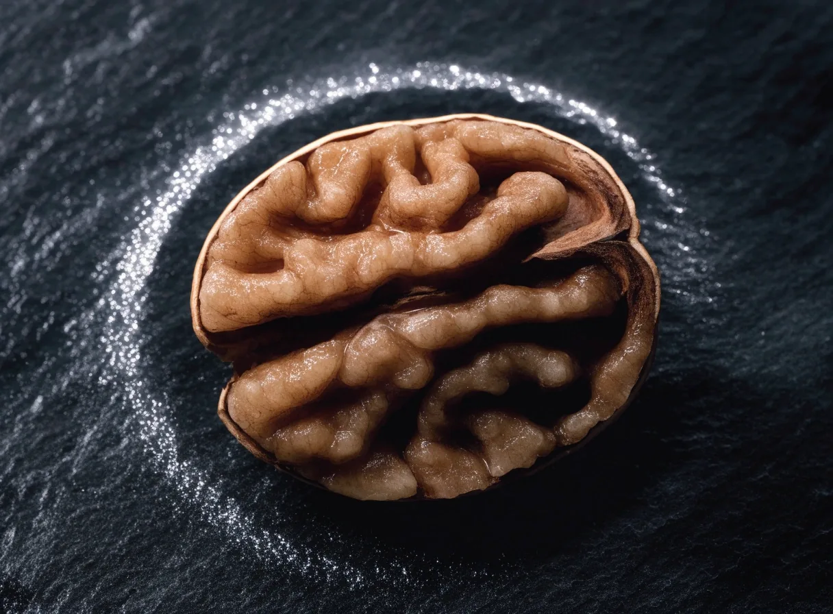 A cracked walnut half showing its folded interior on a dark slate board