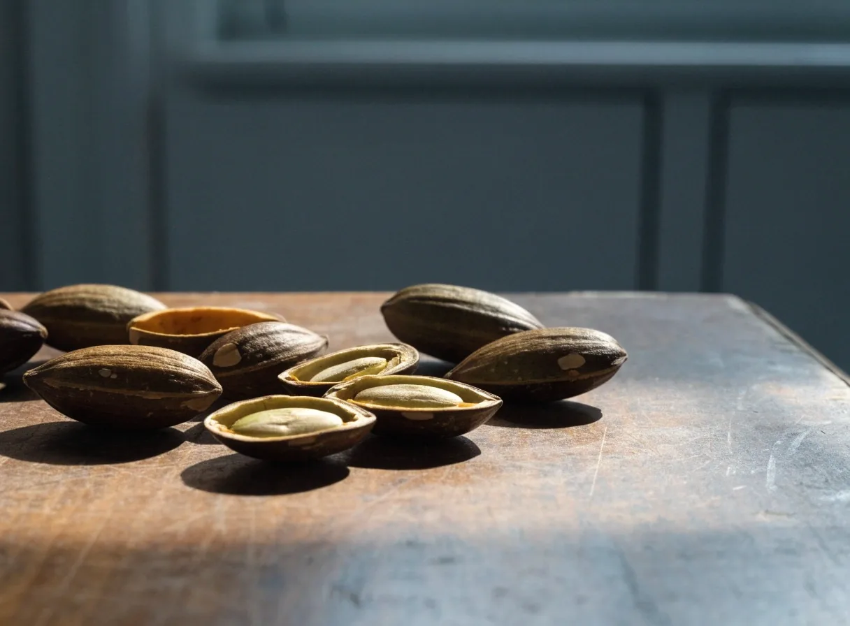 Cross-section of a single pumpkin seed on a matte white plate