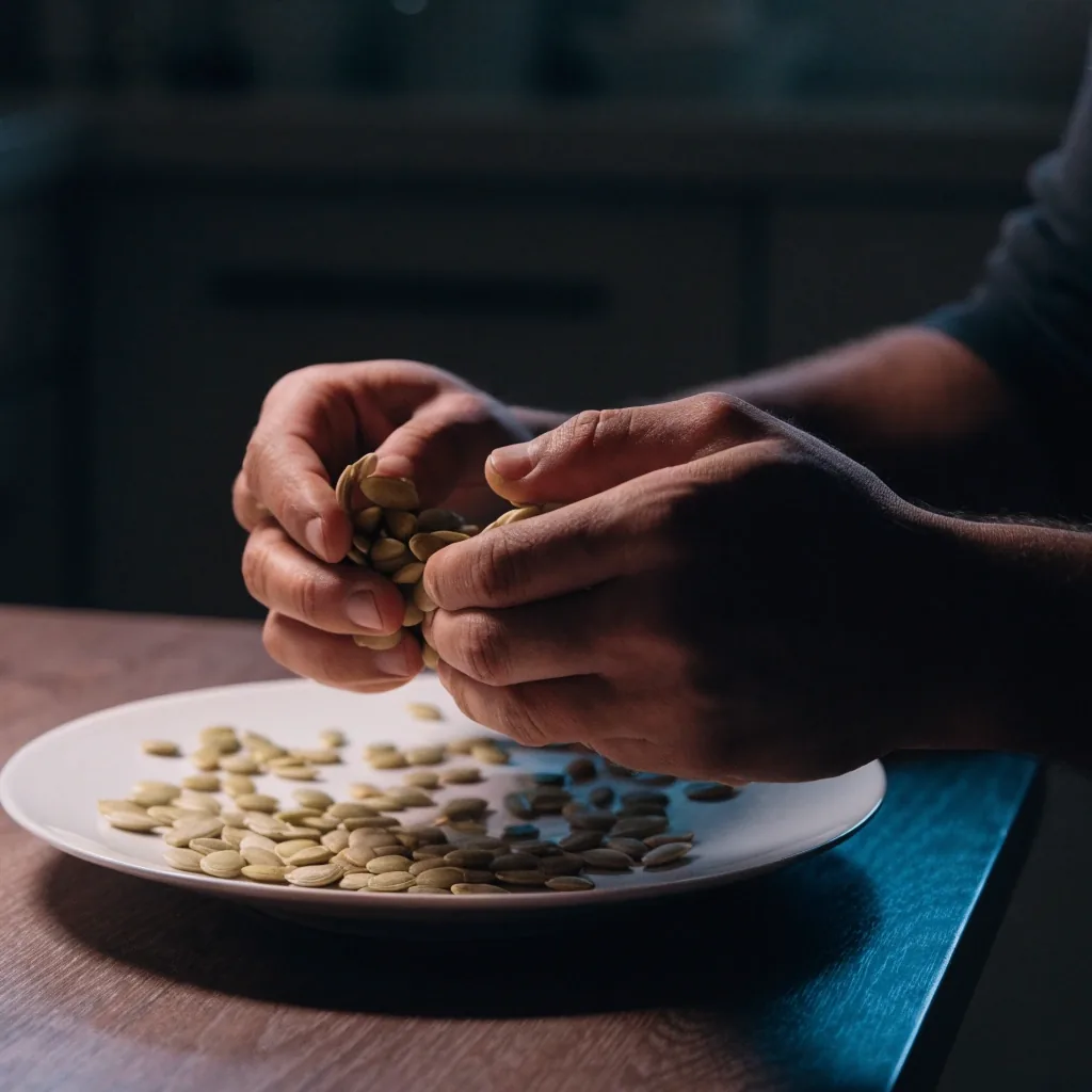 Hands shelling pumpkin seeds over a matte white plate on a dim kitchen table