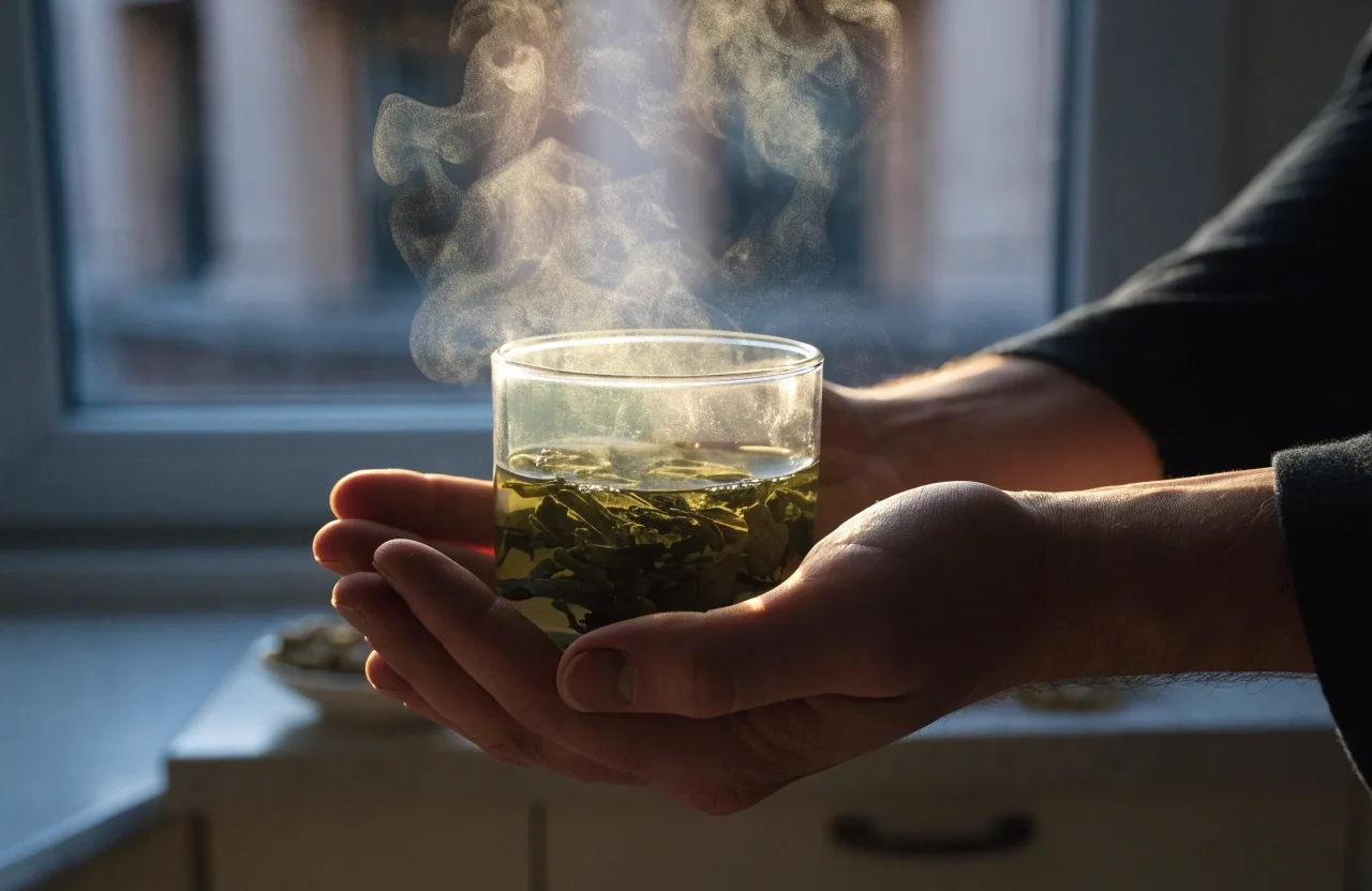 Loose green tea leaves steeping in a clear glass with steam rising