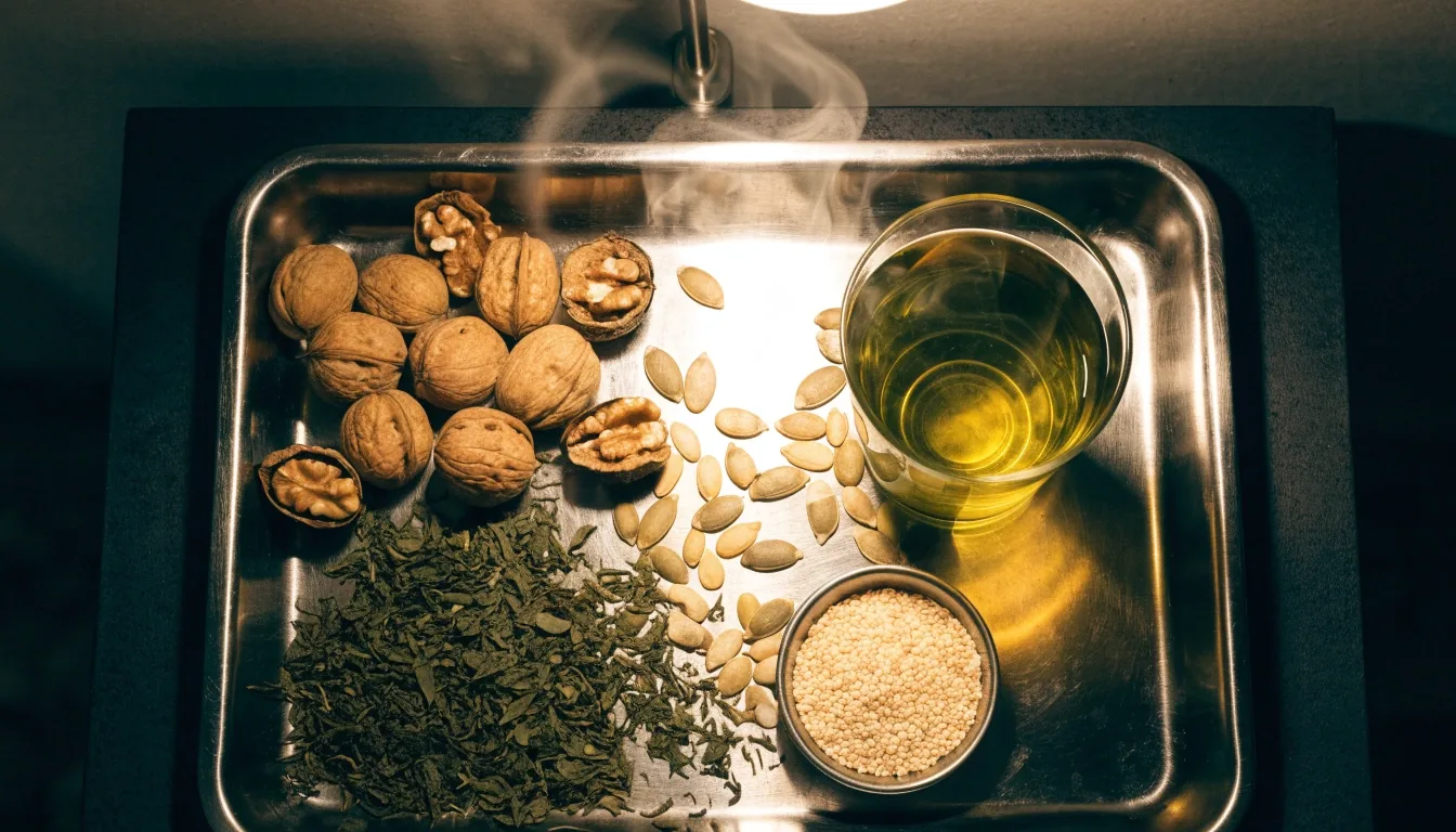 Overhead view of a steel tray with pumpkin seeds, walnut halves and a glass of green tea under one low lamp