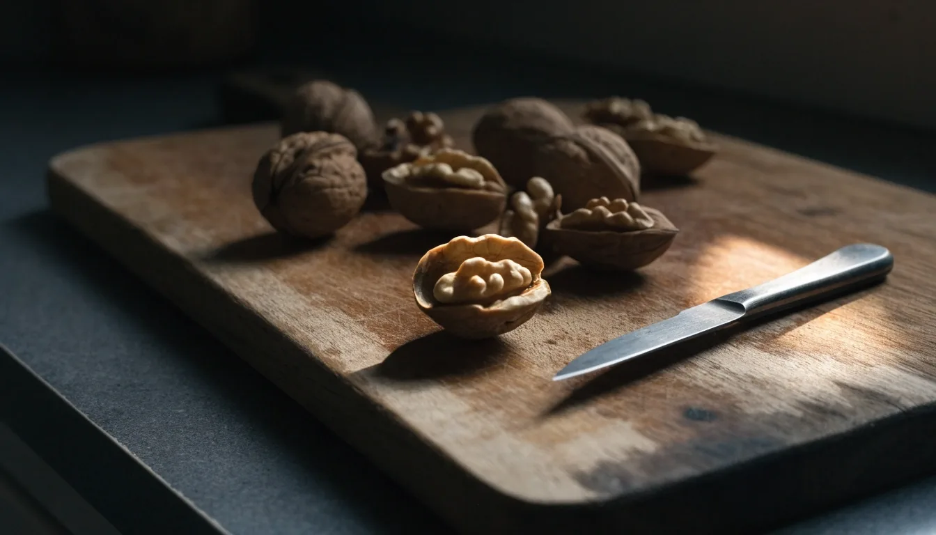 Walnut halves resting on a wet slate board under one rim light
