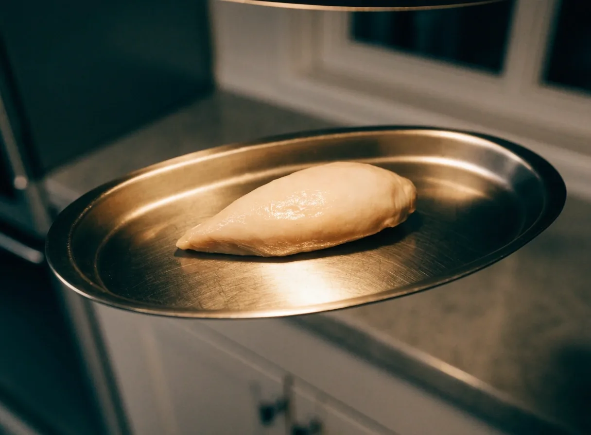 A plain roasted chicken breast on a stainless steel tray under one overhead lamp