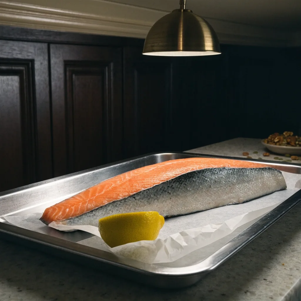 A salmon fillet on baking parchment with a lemon half on a stainless steel tray, lit by one overhead lamp