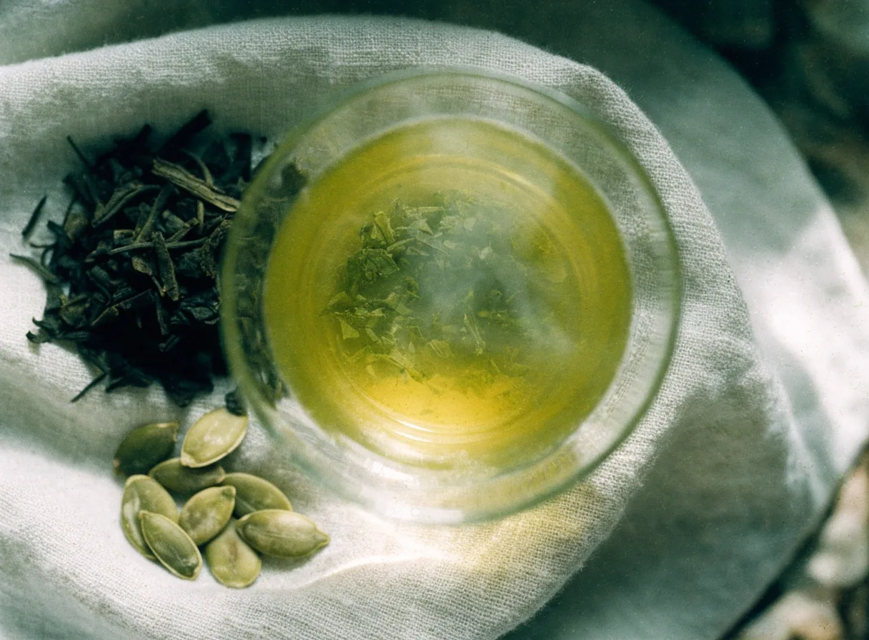 A single fresh green tea leaf held flat on a matte white surface