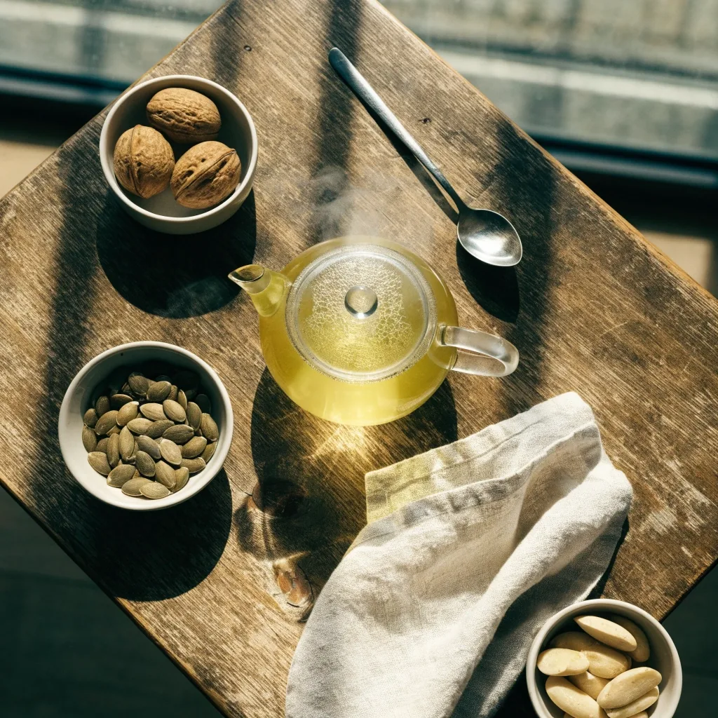 Loose green tea leaves in a clear glass vessel on a dark slate surface with steam rising