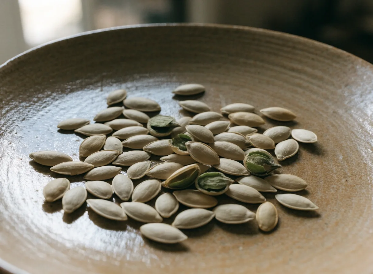 Macro cross-section of a single pumpkin seed on matte white porcelain