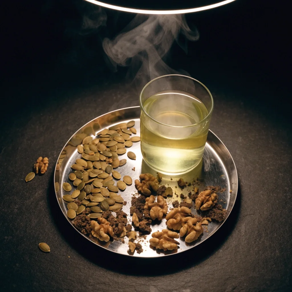Overhead view of a stainless steel tray with pumpkin seeds, walnut halves and a glass of green tea under one overhead lamp
