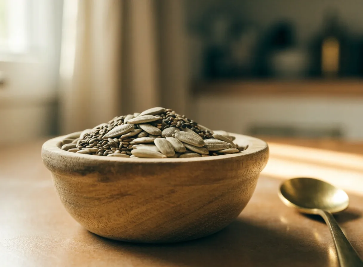 Sunflower seeds scattered across a matte white ceramic dish
