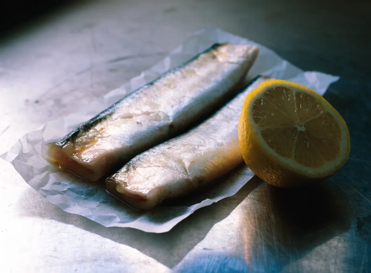 Two sardine fillets on baking parchment beside a lemon half, shot low and side-lit