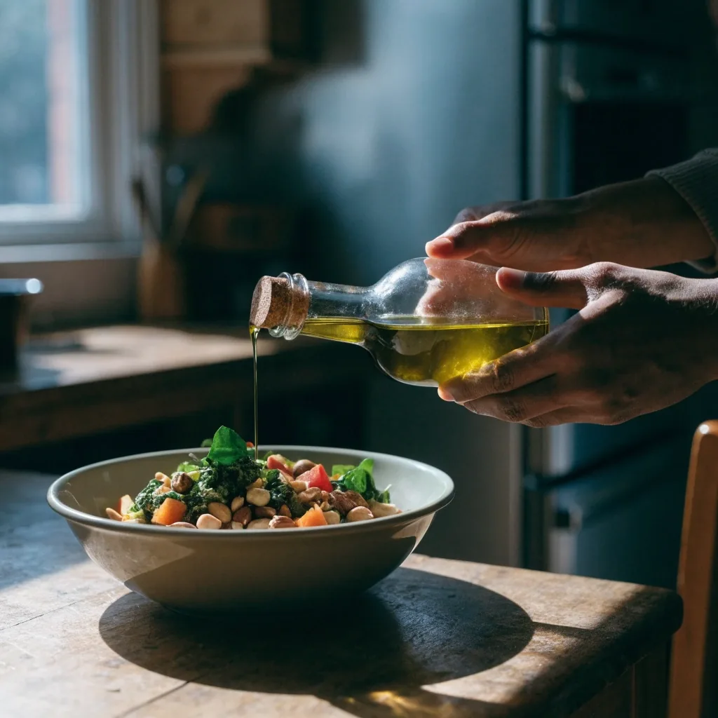 A glass bottle of olive oil, a bowl of mixed nuts and chopped vegetables on a kitchen counter