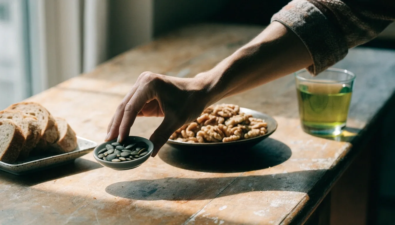 Pumpkin seeds, walnuts, sesame seeds and a glass of green tea on a steel tray under one overhead lamp