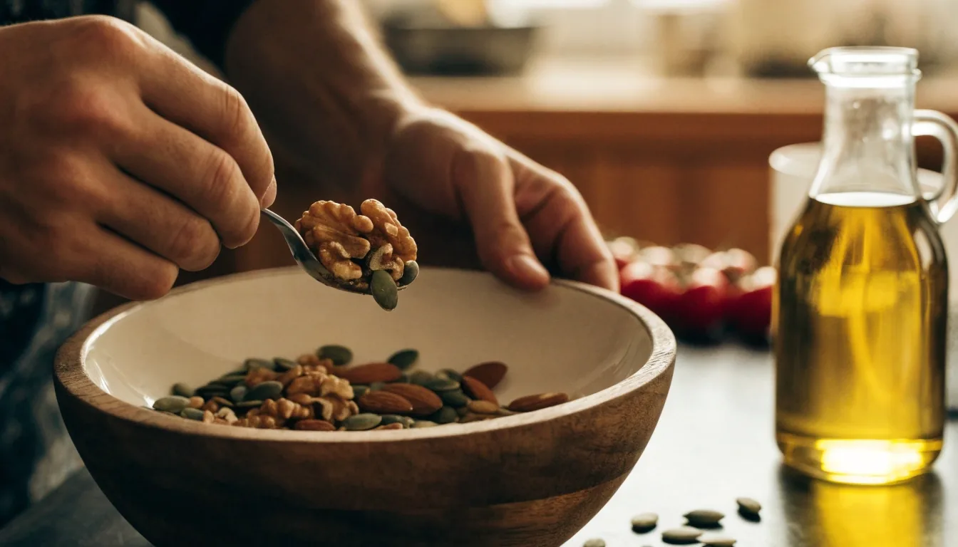Whole nuts, seeds, olive oil and fresh vegetables arranged on a wooden table under warm kitchen light