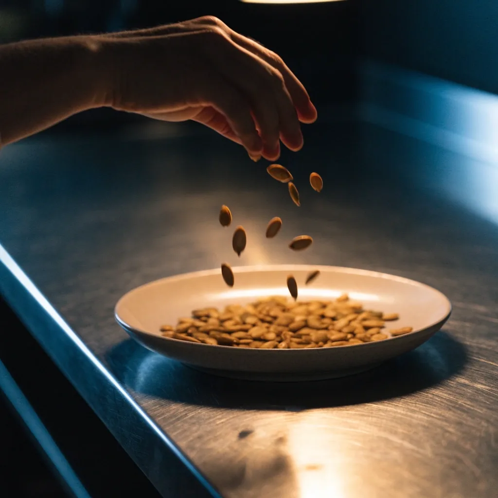 A hand shelling pumpkin seeds over a matte plate on a dark steel counter