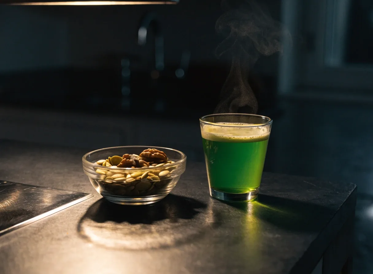 Steel counter with a bowl of mixed seeds, walnut halves and a glass of green tea under one overhead lamp