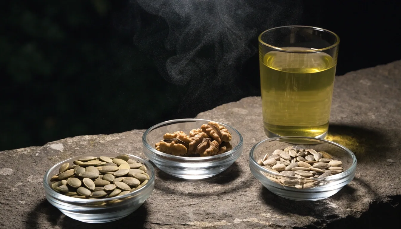 A stainless steel tray at night with pumpkin seeds, walnuts and a glass of green tea under a single overhead lamp