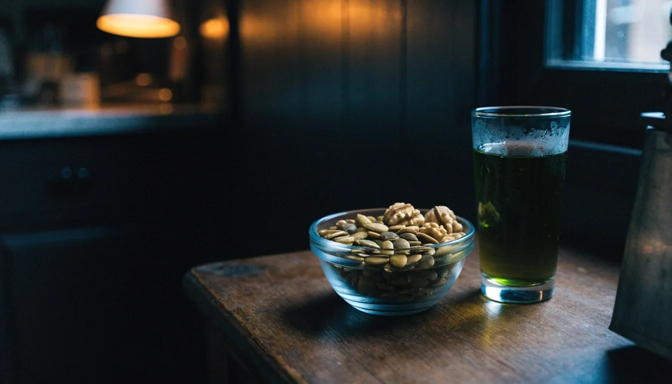 Walnut halves face-down on a wet slate board under a single cool rim light