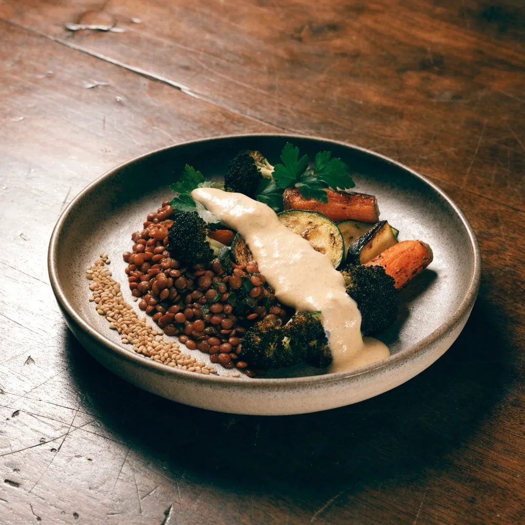A plate of lentils and roasted vegetables finished with a drizzle of tahini sauce and a scatter of sesame seeds