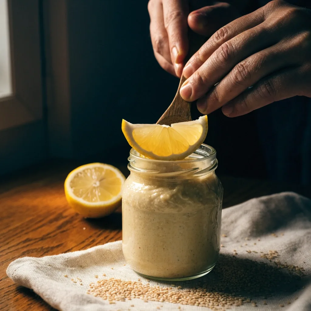 A small matte bowl of tahini loosened with lemon juice beside a halved lemon and scattered sesame seeds on a cool worktop