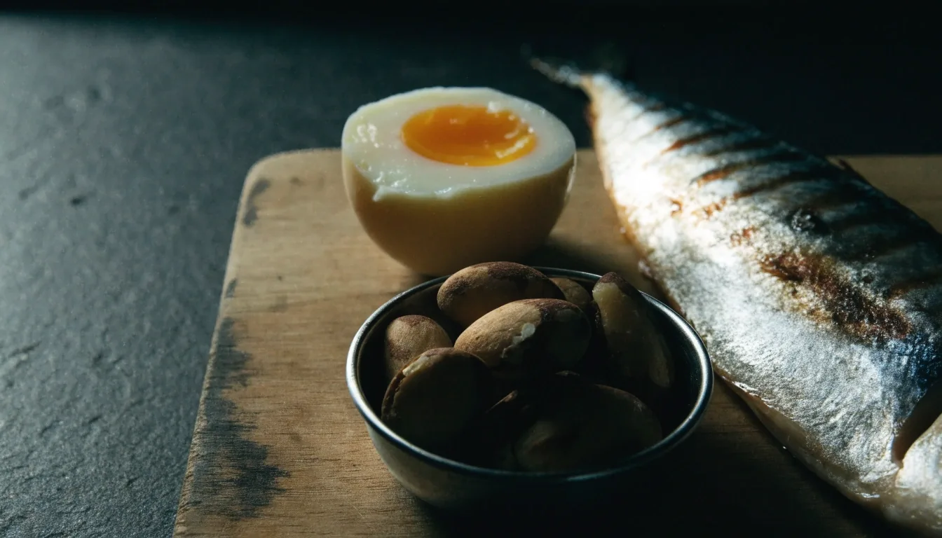 Oily fish on baking parchment with a cracked egg shell and sliced poultry on a dark slate board under one overhead lamp