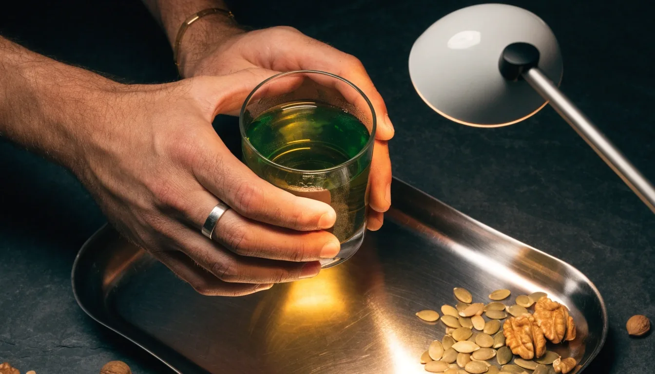 Raw pumpkin seeds, walnut halves and sesame seeds spread on a stainless steel tray beside a glass of green tea under one overhead lamp