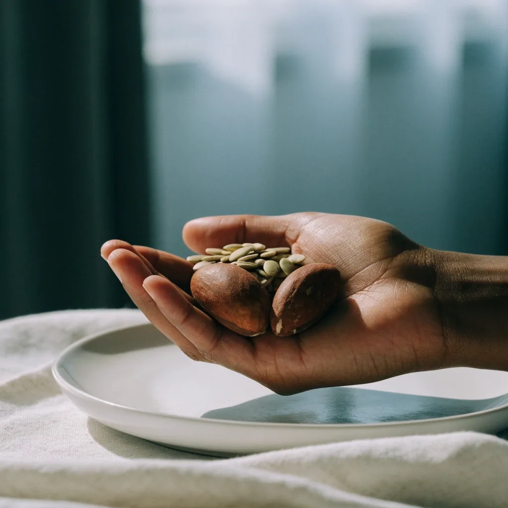 Two Brazil nuts and a scatter of pumpkin seeds on matte white porcelain under a soft overhead light
